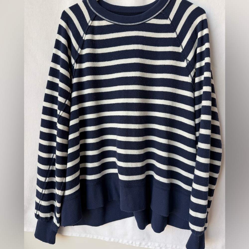 Aerie East West Crew Sweatshirt Navy & White Stripe XS - Picture 2 of 5